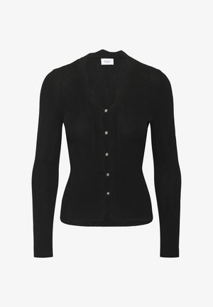 Schwarzer Langarm-Cardigan aus geripptem Material, mit V-Ausschnitt, wellenförmigen Kanten und glänzenden Knöpfen an der Vorderseite.