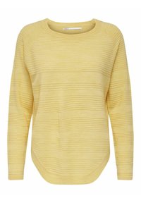 Pull jaune clair avec des rayures horizontales texturées, manches longues et ourlet arrondi. Fabriqué en tissu doux avec des poignets et un col côtelés.