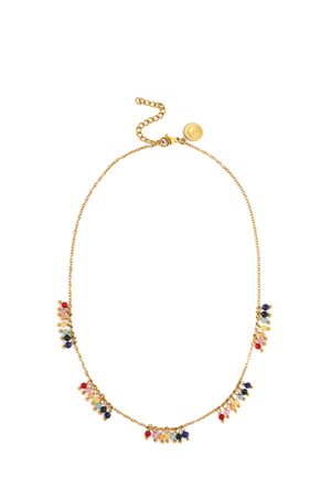 Collar de cadena de oro con pequeños grupos de cuentas multicolores espaciados uniformemente a lo largo de la mitad inferior, con cierre de langosta y cadena de extensión.