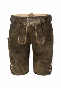 Braune Wildleder-Shorts mit dekorativer Stickerei, einem breiten Gürtel und silbernen Beschlägen. Mit vorderen Taschen und Knopfakzenten an der Seite.