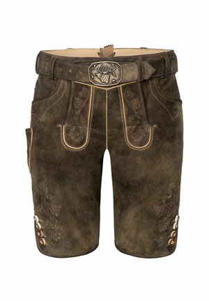 Pantalones cortos de gamuza marrón con bordados decorativos, un cinturón ancho y herrajes de metal plateado. Presentan bolsillos frontales y acentos de botón en los laterales.