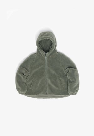 Fleece-Kapuzenjacke in olivgrün, mit durchgehendem Reißverschluss, Raglanärmeln und zwei seitlichen Taschen. Weicher Stoff und minimalistisches Design.