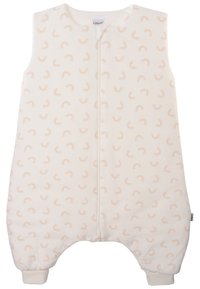 Schlafsack für Kleinkinder aus cremefarbenem Stoff mit subtilen Regenbogenmuster, ausgestattet mit einem zentralen Reißverschluss und elastischen Bündchen an den Knöcheln für einen engen Sitz.