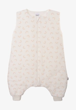 Toddler sleep sack in cream fabric with subtle rainbow pattern, featuring a central zipper and elastic cuffs at ankle for snug fit.