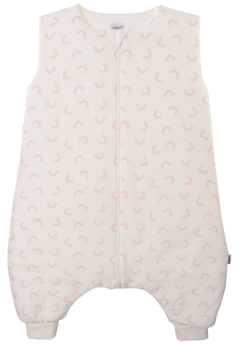 Schlafsack für Kleinkinder aus cremefarbenem Stoff mit subtilen Regenbogenmuster, ausgestattet mit einem zentralen Reißverschluss und elastischen Bündchen an den Knöcheln für einen engen Sitz.