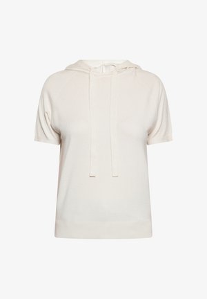 Svijetlosmeđi kratki majica s kapuljačom izrađena od mekane tkanine, s kapuljačom na šnure, rebrastim manšetama i ravnim rubom.