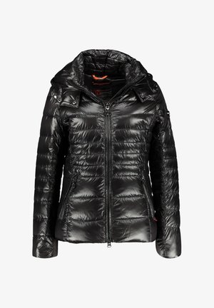 Black glossy quilted puffer jacket with front zipper, high collar, detachable hood, and zippered side pockets, designed for cold weather.