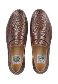 Brown leather loafers with a woven texture, smooth strap across the front, and rounded toe design. Interior features a label.