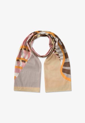 Leichter Schal mit abstrakten wellenförmigen Streifen in Pink, Beige, Braun, Grau und Orange, locker gerollt und flach auf weißem Hintergrund ausgelegt.