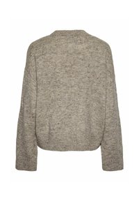 Grå stickad tröja med lös passform, ribbad nederkant och vida ärmar. Materialet har en teksturerad yta med subtila inslag genom hela tyget.