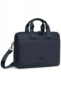 Borsa per laptop in poliestere blu navy con doppie maniglie, tracolla regolabile, chiusura a zip e una texture liscia. Presenta una patch con il logo sul davanti.