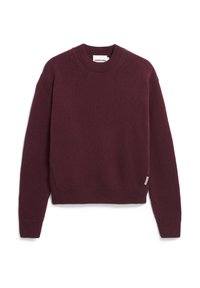 Bordeaux Strickpullover mit Rundhalsausschnitt, gerippten Bündchen und Saum. Verfügt über ein kleines Markenschild auf der unteren linken Seite.