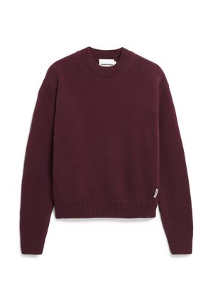 Bordeaux gebreid sweater met een ronde halslijn, geribde manchetten en onderrand. Voorzien van een klein merketiket aan de onderlinkerzijde.