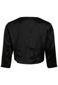 Giacca nera cropped con finitura liscia in satin. Presenta maniche a tre quarti e un design pulito e minimalista senza chiusure visibili.