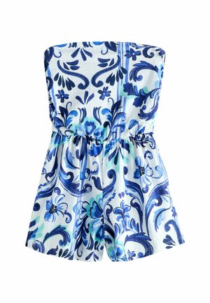 Schulterloser, floraler Jumpsuit mit einem blau-weißen Design. Hergestellt aus leichtem Material mit einem elastischen Bund und ausgestellten Shorts.