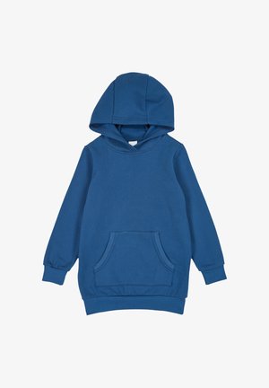 Blå hættetrøje lavet af en bomuldsblanding med en frontlomme, lange ærmer og en rummelig hætte; glat tekstur og afslappet pasform.
