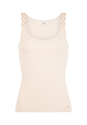 Kremfarvet ærmeløs ribbet tanktop med fletdetaljer på stropperne og et lille mærke tæt på kanten.