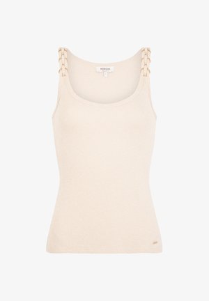 Kremfarvet ærmeløs ribbet tanktop med fletdetaljer på stropperne og et lille mærke tæt på kanten.