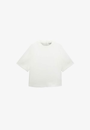 Weißes kurzärmeliges T-Shirt mit Rundhalsausschnitt und Reißverschluss hinten, flach auf weißem Hintergrund dargestellt.