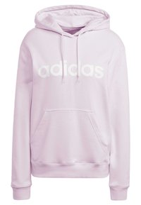 Ljusrosa hoodie gjord av bomull med en framficka, justerbar snoddhuva och stor vit adidas-logotyp över bröstet.