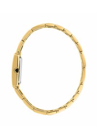 Orologio in metallo tono oro con quadrante rettangolare, design a cinturino a maglie, finitura lucida e un piccolo dettaglio nero sulla cassa.