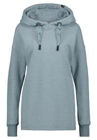 Vaaleansininen huppari rentoa istuvuutta, nyöritettävä huppu ja ribbaatut hihansuut. Sujuva pinta, yksinkertainen muotoilu, ei kuvioita tai grafiikoita.