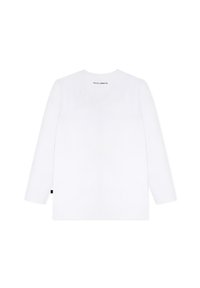 Biała koszula z długim rękawem wykonana z gładkiego materiału. Posiada okrągły dekolt i małą czarną metkę z boku. Prosty, minimalistyczny design.