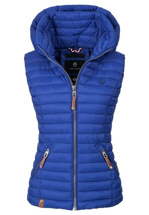 Blue puffer vest with a high collar, vertical quilted pattern, two zippered pockets, and leather accents on the zippers.