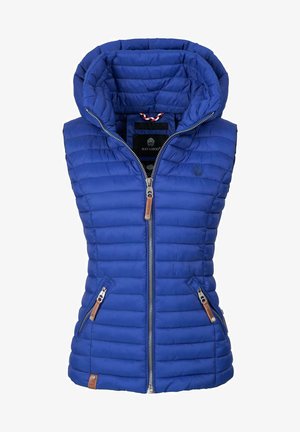 Gilet matelassé bleu avec un col haut, un motif matelassé vertical, deux poches zippées et des accents en cuir sur les zips.