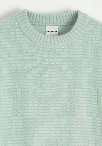 Pull en tricot texturé vert clair avec un col rond côtelé et une étiquette de marque visible à l'intérieur du col.