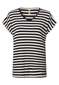 Zwart-wit gestreepte T-shirt met V-hals, korte mouwen, geribbelde textuur en een ontspannen pasvorm, geschikt voor casual draag.