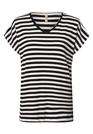 Zwart-wit gestreepte T-shirt met V-hals, korte mouwen, geribbelde textuur en een ontspannen pasvorm, geschikt voor casual draag.