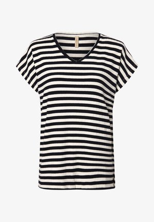 Zwart-wit gestreepte T-shirt met V-hals, korte mouwen, geribbelde textuur en een ontspannen pasvorm, geschikt voor casual draag.