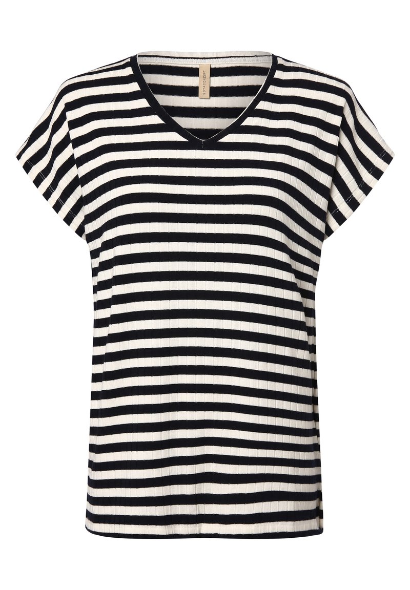 Zwart-wit gestreepte T-shirt met V-hals, korte mouwen, geribbelde textuur en een ontspannen pasvorm, geschikt voor casual draag.