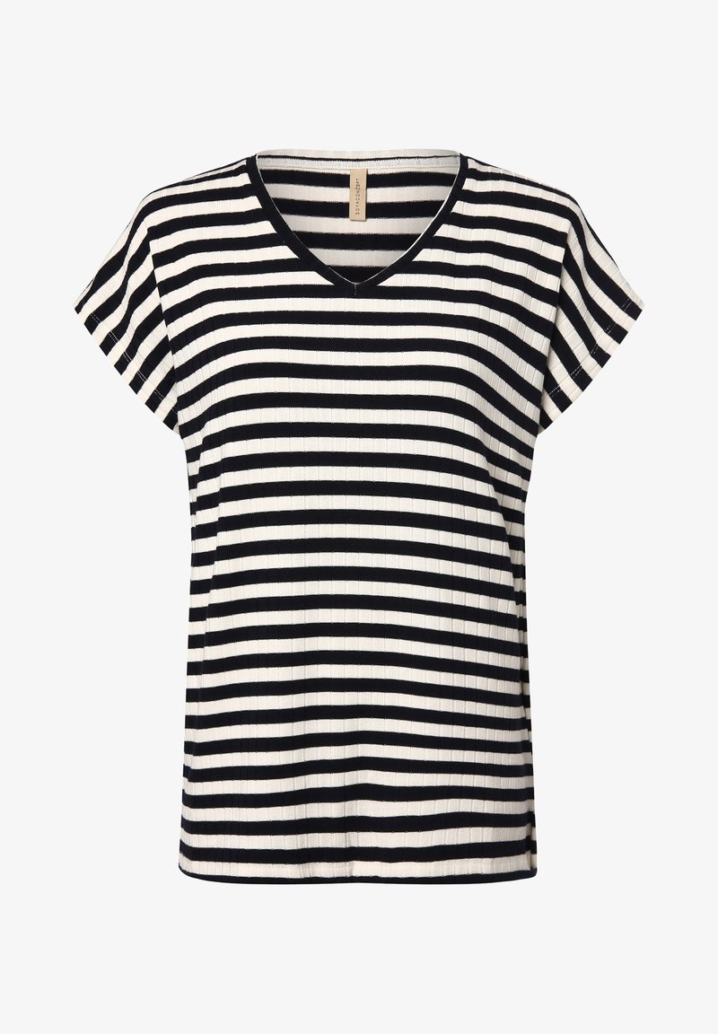 Zwart-wit gestreepte T-shirt met V-hals, korte mouwen, geribbelde textuur en een ontspannen pasvorm, geschikt voor casual draag.