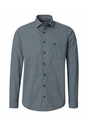 Herren Langarmhemd mit kleinen weißen und marineblauen Rautenmuster und spitzem Kragen.