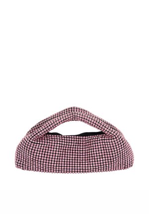 Pink mesh håndtaske med et karakteristisk buet håndtag, udstyret med en gitterlignende tekstur og sorte accenter. Kompakt, struktureret design.