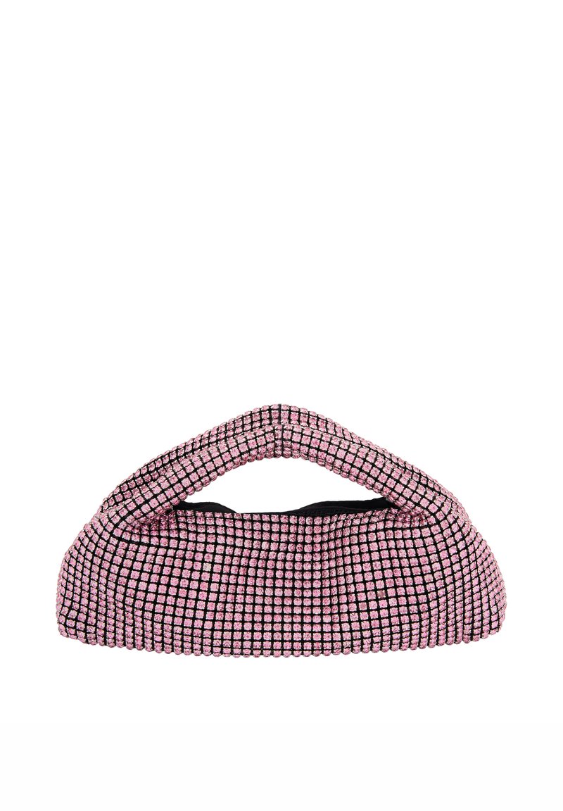 Różowa torba siatkowa z charakterystycznym zakrzywionym uchwytem, z siateczkową teksturą i czarnymi akcentami. Kompaktowy, zorganizowany kształt.