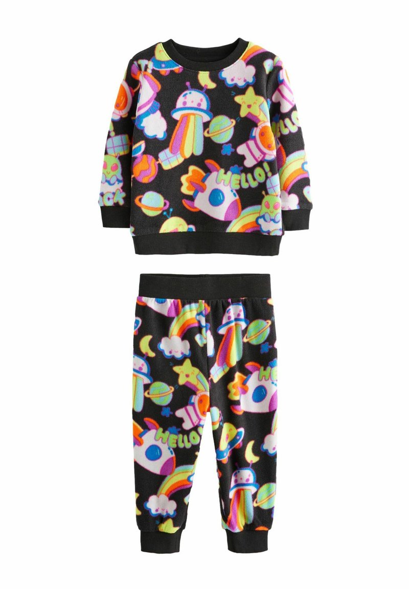 Fleece-Pyjamahose mit einem schwarzen Hintergrund und bunten, cartoonhaften Weltraum-Motiven, darunter Raketen, Planeten und Regenbögen.