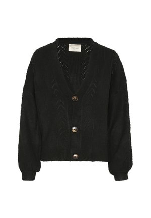 Cardigan nero lavorato a maglia con scollatura a V profonda, spalle cadenti e tre grandi bottoni. Presenta un motivo strutturato e polsini a costine.