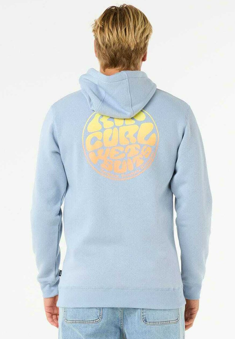 Felpa leggera blu con un grande motivo rotondo giallo e arancione sul retro. Presenta un cappuccio con cordino e polsini e orlo a coste.