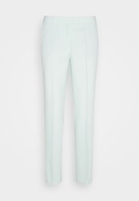 Pantalon de costume bleu clair sur mesure avec passants de ceinture, poches avant et coupe droite slim.