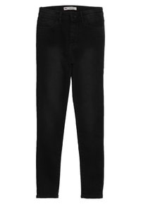 Jeans pitillo de mezclilla negra con cintura estándar. Cuenta con cierre frontal de botón y cremallera, cinco bolsillos y detalles mínimos de costuras.