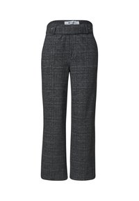 Pantalon large taille haute gris foncé avec un motif à carreaux subtil et un détail ceinture devant avec des boutons.