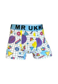 Boxer da uomo con una fascia elastica blu recante la scritta "MR UKKO." Il tessuto è bianco con un motivo geometrico in forme colorate.