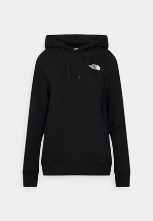 Zwarte hoodie met voorzak en capuchon met trekkoord, met wit "The North Face" logo op de borst.