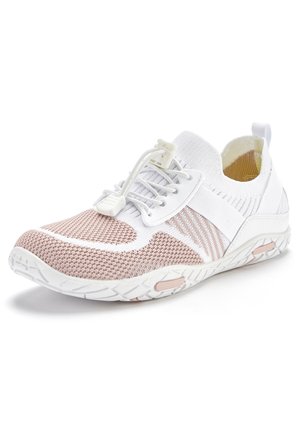 Lightweight athletic shoe featuring a breathable knit upper in white and light pink with elastic laces and a textured rubber sole for grip.