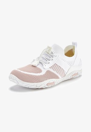 Lightweight athletic shoe featuring a breathable knit upper in white and light pink with elastic laces and a textured rubber sole for grip.