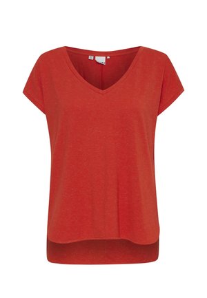 Chemisier rouge pour femme à manches courtes avec col en V et ourlet arrière légèrement plus long, tissu uni texturé.