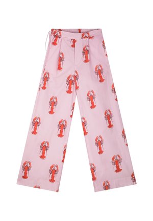 Weit geschnittene pinke Hose mit einem durchgehenden roten Hummerdruck und einem Taillendetail mit Kordelzug.
